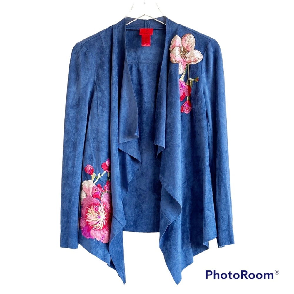 V Cristina Blue Vegan Suede Embroidered Waterfall Cardigan Size Small